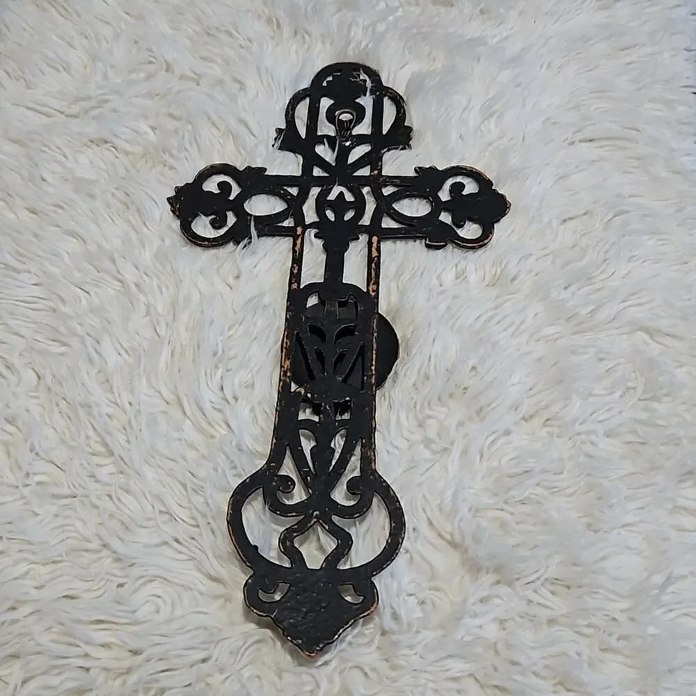 Metal Weathered Wall Cross Candle Holder